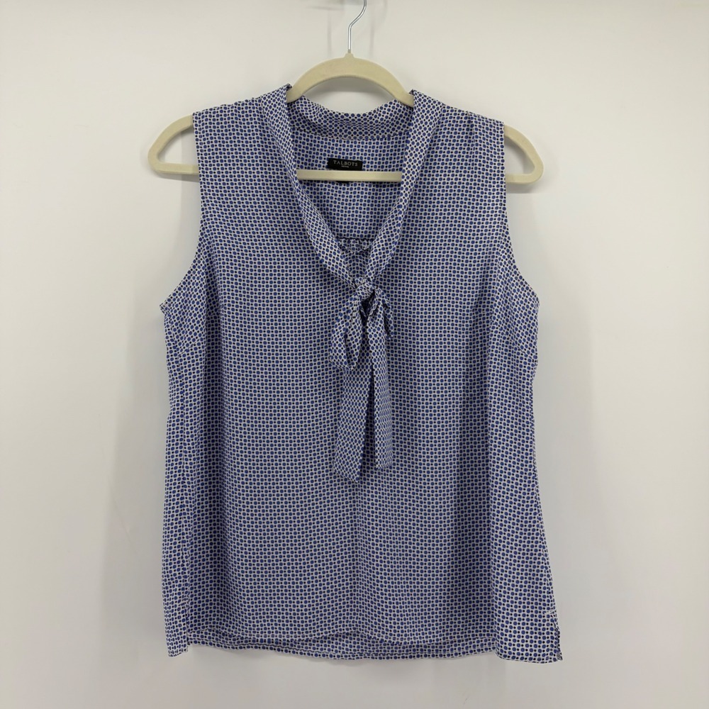 Talbots Womens MP Blue Geometric Dot Sleeveless Tie Neck Blouse Bow Top